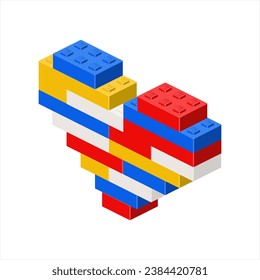 Colored heart made of plastic blocks, assembled randomly. Vector