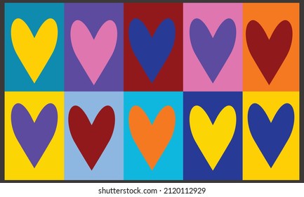 Colored heart pattern in repeating rectangles for card or background