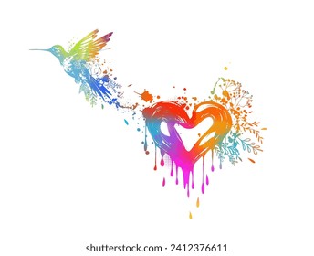 Colored heart of patterns with a bird. hand drawing. Heart with wings. Not AI. Happy Valentine's Day. Vector illustration