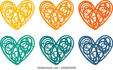 Colored heart set of six. Vector pattern illustration. Cut out style