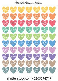 Colored heart stickers with lettering stickers, printable sheets planner