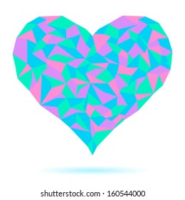 Colored heart of trapezoids, triangles. Geometric heart. Mosaic. Heart of crystals. Love illustration