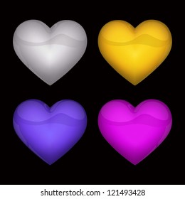 Colored heart web buttons with reflection on black