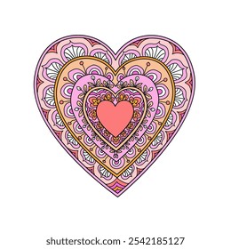 Colored heart zentangle doodle style drawing. Valentine romantic love greeting card. Black ink isolated on white. Adult coloring page antistress drawing heart shape vector illustration