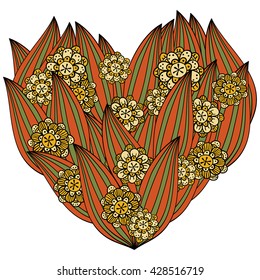 Colored heart in zentangle style, leaves and flowers, isolated on white background. Whimsical line art for valentin's day coloring book. Red, green, yellow vector illustration.