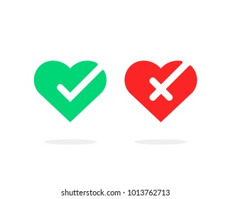colored hearts with check marks. concept of complete checkbox or ui button and okay or done verify label. flat cartoon style trend modern deny logotype graphic design isolated on white background