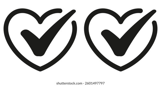 colored hearts with check marks. concept of complete checkbox or ui button and okay or done verify label. flat cartoon style trend modern graphic design isolated on white background, Vector-eps 10