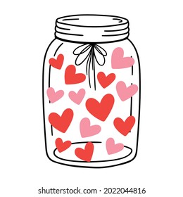 Colored hearts in a glass jar. Vector hand drawn illustration for romantic prints, valentine day cards. Good for posters, t shirts, postcards.