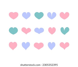Colored hearts, Heart-shaped elements in pastel colors. Set of vector objects isolate.