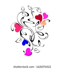 colored hearts with leaves and curls on a white background