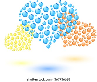 colored hearts made of small crystals. blue, orange, yellow.