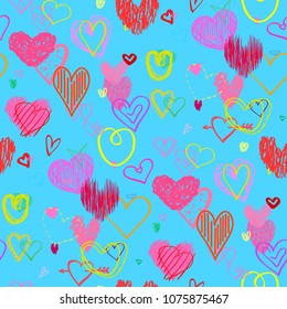 Colored hearts. Seamless background. Colorful pattern. Hand drawn big and small bright love signs. Line art