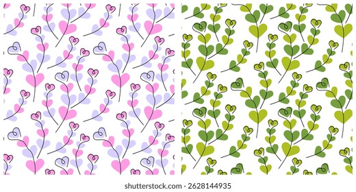 Colored Hearts shape twigs Seamless Pattern Minimalistic design Trendy confetti shades and green Set