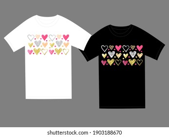 Corazones de color para la ilustración de la plantilla de la camiseta. Patrón de dibujo de Doodle impreso con colores de garabato adorables rosa, color oro y blanco, camisetas de color negro y blanco para el día de San Valentín o fiesta de boda