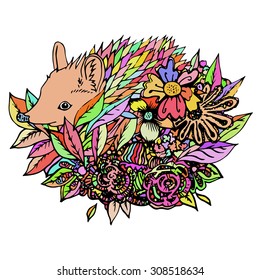 Colored hedgehog isolated, colored sketch. Abstract vector hedgehog in the flowers. Print for t-shirt. Wild things.