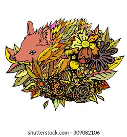 Colored hedgehog isolated, colored sketch. Abstract vector hedgehog in the flowers. Print for t-shirt. Wild things.