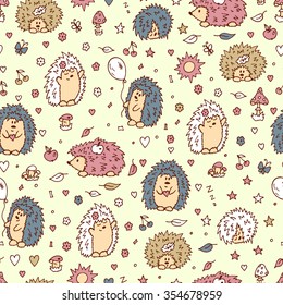 Colored Hedgehogs seamless pattern. Hand drawn doodles cute Hedgehogs - vector illustration. Background for kids