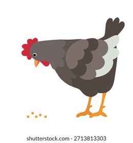 Colored hen isolated on a white background. Chicken saw the seeds. Colored icon, vector illustration in a flat style. Poultry.	