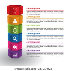 Colored Hexagonal Prism 3D with Business Icon, Text Information, 6 Options, Vector Illustration