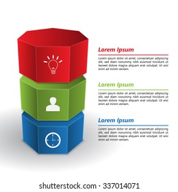 Colored Hexagonal Prism 3D with Business Icon, Text Information, 3 Options, Vector Illustration