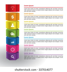 Colored Hexagonal Prism 3D with Business Icon, Text Information, 7 Options, Vector Illustration