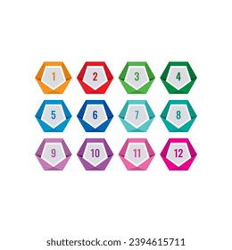 gefärbte Hexagons und Nummern 1-12. Nummern 1-12 in Hexagonen. Nummern 1-12 für Bildung, Unternehmen