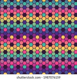 Farbige Hexagons, psychedelisches - abstraktes geometrisches, nahtloses Muster. Vektorhintergrund für Gewebe, Textilien, Tapeten, Poster, Geschenkpapier, Servietten, Tischdecken, Schlafanzüge. Drucken für Kinder