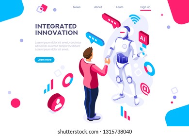 Colored hi integrated scientific innovative machine. Innovation, clever brain, artificial intelligence. Banner between white background, between empty space. 3d images isometric vector illustrations.