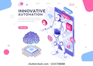 Colored hi integrated scientific innovative machine. Innovation, clever brain, artificial intelligence. Banner between white background, between empty space. 3d images isometric vector illustrations.