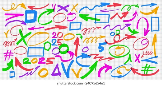 Colored highlighter elements, acid highlighters marker stripe. Circle, square, cross, underline element, color text mark. Set of markers brushes strokes underline neoteric. Vector Business elements.