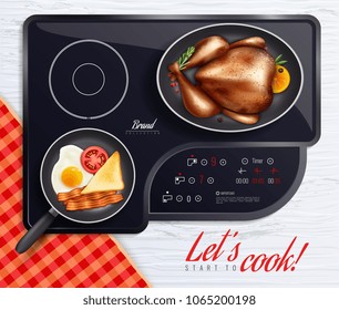 Colored hob surfaces cooking poster with let s start to cook headline and different dishes on the stove vector illustration