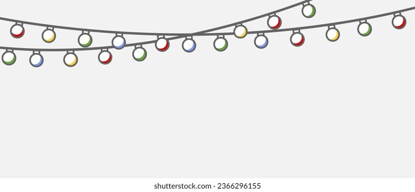  Luces navideñas de colores. Fondo navideño con lámparas de colores.  Arte de línea. Bombillas de luz para tarjetas navideñas, carteles, pie de página, cabecera, menú. Ilustración vectorial. Aislamiento en blanco 