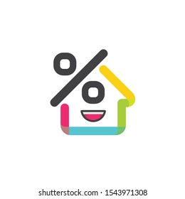 Colored home logo concept with percent and smile icon 