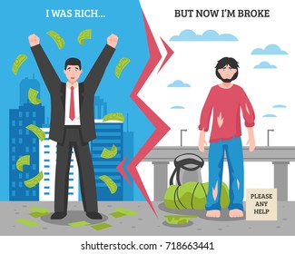 Colored homeless people after before composition with the differences between the rich and poor man vector illustration