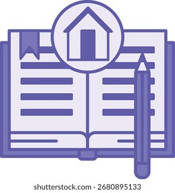 Icono coloreado de la tarea. Ilustración vectorial. Cuaderno con marcador, lápiz y casa. Trabajo Independiente hecho en casa. Concepto de Maestro y Educación