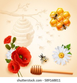 Colored honey composition with red flowers beehive honeycomb and flying bees on light background vector illustration