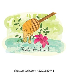 Colored honey stick with flowers and leaves Rosh Hashanah Vector