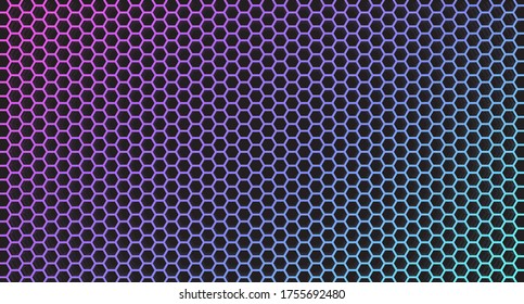 Colored honeycombs, hives, isolated on a black background. The concept of a color background in the form of hexagons in a purple-blue gradient. Web design. Vector illustration