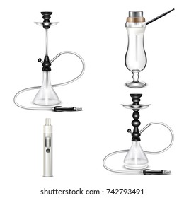 Colored hookah realistic icon set with different styles of hookahs and vape vector illustration