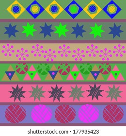 Colored horizontal ornamental composition of simple shapes.