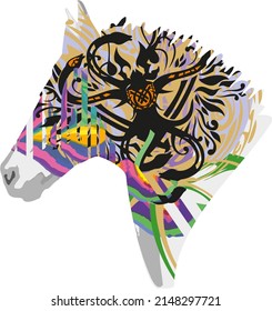Colored horse head symbol with snake elements inside on a white backdrop. Stallion head like a zombie for logos, prints, fashion trends, textiles, wallpaper, interior solutions, covers, card, etc. 