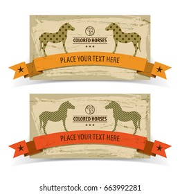 Colored horses horizontal banners set flat isolated vector illustration
