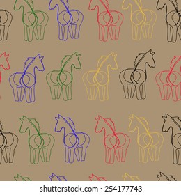  Colored horses on brown background. Graphic seamless.