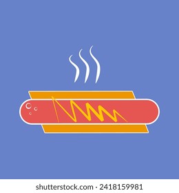 Un icono de hot dog de colores delineado con una línea blanca sobre un fondo azul. Ilustración del vector.eps