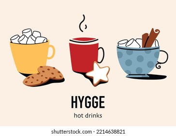 Colored hot drink mugs set. Hygge aesthetics in flat style vector illustration