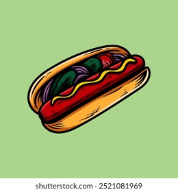 colored hotdog line art style sketch classic vintage design illustration