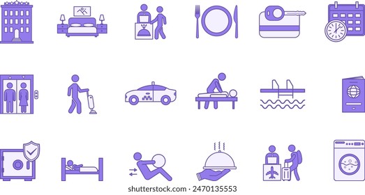 Colored Hotel Icon Set. Vector Icons Room, Taxi, Reservation, Passport, Housekeeping, Massage, Restaurant, Pool, Laundry, Key Card, and Others