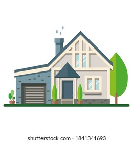 Colored House exterior. Vector illustration. House icon. Facade of house with trees on white background.