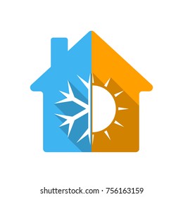 Colored house icon with sign of cold and hot. Vector illustration. House icon isolated on white background.