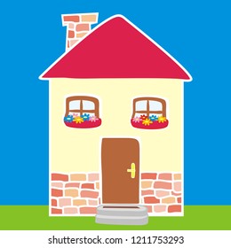 Colored house on the blue background, vector illustration, isolated object